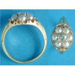 A Victorian gold cluster ring, set with an old brilliant cut diamond and 6 split pearls, carved s...