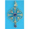 Image 1 : An Edwardian 9ct gold circular open scroll work pendant, set amethysts and seed pearls...