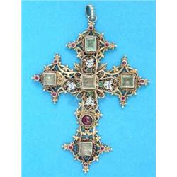 A late 19th century Continental silver gilt and enamel cross pendant, with piercework decoration...