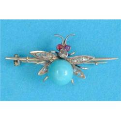 A Victorian gold 'bee' brooch, set rose cut diamonds, cabochon garnets and a turquoise paste...