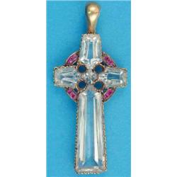 A gold mounted Celtic cross pendant, set rock crystals and rubies, 2.75ins together with a gentle...