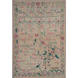 A fine George II needlework sampler, embroidered with flowering plants, a bird, a small ship, alp...