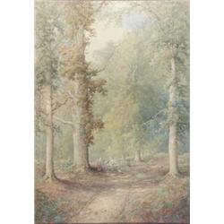 S J Bowers (19th C.) pair of watercolours, Figures in woodland, signed, one dated 1884, 29 x 19.5...