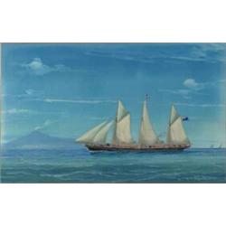 19th C. Neapolitan School gouache, "The Yacht Helen", with Vesuvius beyond, inscribed verso and d...