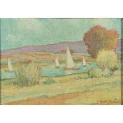 Circle of Gyrth Russell oil on canvas, Landscape with boats on a lake, bears signature, 10 x 14 i...