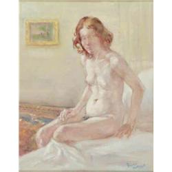 Franco Matania (1922-) oil on board, Nude seated on a bed, signed, 11.5 x 9 ins....