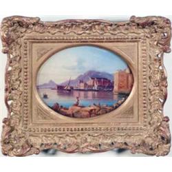 Andrea De Cresson gouache, "La Porte Felice a Palermo", initialled, Oval, 4 x 5 ins....