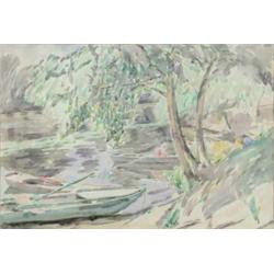 Percy Hague Jowett (1882-1955) watercolour, Boats on a riverbank, 13 x 19 ins....