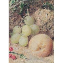 William Henry Hunt (1790-1864) watercolour, Still life of apples, grapes and red currants, signed...