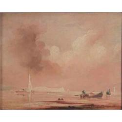 Attributed to Richard Parkes Bonington (1802-1828) oil on oak panel, Beach scene with fishing boa...