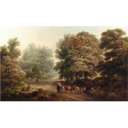 John Joseph Barker (fl.1835-1866) pair of oils on canvas, Figures and timber cart on country lane...