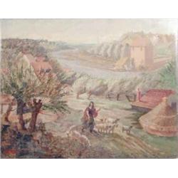 Reginald St Clair Marston (1886-1943) unframed oil on canvas, Shepherdess with town and river bey...