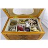 Image 2 : WOODEN JEWELLERY BOX FILLED WITH EARRINGS, RINGS, BRACELETS, NECKLACES, ETC - SOME SILVER AND