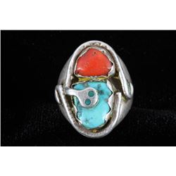 Zuni Turquoise & Coral Silver Snake Ring by Effie