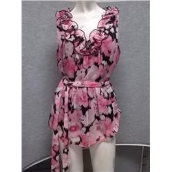TOP - NEW - DRESSBARN - PINK - MEDIUM - PINK & BLACK - RUFFLES WITH BELT