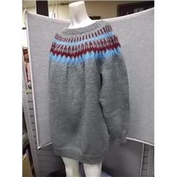 ****sold***SWEATER - HAND KNIT - GREY - LARGE - BLUE & RED PATTERN - LONG SLEEVE