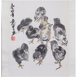 Watercolour Chicken on Paper Huang Zhou 1925-1997