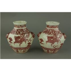 Pair Chinese Copper Red Hexagon Porcelain Jars