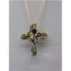 10 KT Gold Clad Diamond & Gemstone Cross Necklace