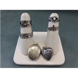 Estate - 6 Sterling Silver Rings & Lockets