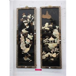2 Oriental Chinoiserie shell art panels