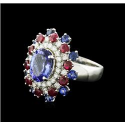 14KT White Gold 3.58ct Tanzanite, Sapphire, Ruby and Diamond Ring