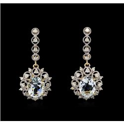 5.18ctw Aquamarine and Diamond Dangle Earrings - 14KT Yellow Gold