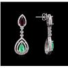 Image 2 : 3.72ctw Emerald, Ruby and Diamond Earrings - 14KT White Gold