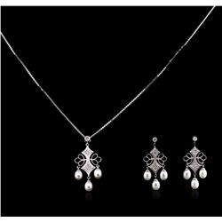 0.22ctw Pearl and Diamond Pendant and Earrings Suite - 14KT White Gold