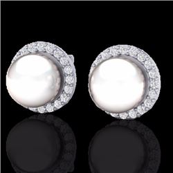 Natural 0.50 CTW Micro Pave Halo Diamond Certified & White Pearl Earrings 18K Gold - 21506-REF#50R3Z