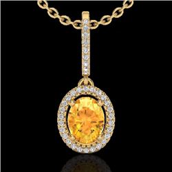 Genuine 1.75 CTW Citrine & Micro Pave Diamond Necklace Solitaire Halo 18K Gold - 20657-REF#47Z2Y