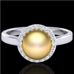 Genuine 0.25 CTW Micro Pave Halo Diamond Certified & Golden Pearl Ring 18K Gold - 21631-REF#47Y7V