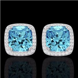 Natural 6.50 CTW Sky Blue Topaz & Micro Pave Diamond Halo Solitaire Earrings 18K Gold - 22812-REF#62