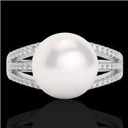 Genuine 0.30 CTW Micro Pave Diamond Certified & White Pearl Designer Ring 18K Gold - 22629-REF#45T5X