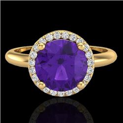 Genuine 2.0 CTW Amethyst & Micro Pave Diamond Certified Ring Halo 18K Gold - 23205-REF#44Z3Y