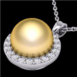 Genuine 0.25 CTW Micro Pave Halo Diamond Certified & Golden Pearl Necklace 18K Gold - 21563-REF#35T2