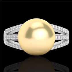 Genuine 0.30 CTW Micro Pave Diamond Certified & Golden Pearl Designer Ring 14K Gold - 22625-REF#45N5