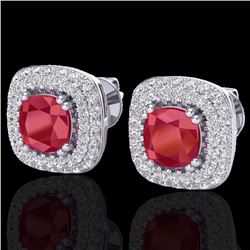 Natural 2.16 CTW Ruby & Micro Pave Diamond Earrings Solitaire Double Halo 18K Gold - 20346-REF#90A2N