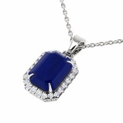 Genuine 5.50 CTW Sapphire & Micro Pave Diamond Certified Halo Necklace 18K Gold - 21367-REF#45T2X