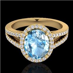 Natural 3.0 CTW Sky Blue Topaz & Micro Pave Diamond Halo Solitaire Bridal Ring 18K Gold - 20934-REF#