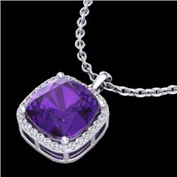 Genuine 6.0 CTW Amethyst & Micro Pave Halo Diamond Necklace Solitaire 18K Gold - 23073-REF#47T8X