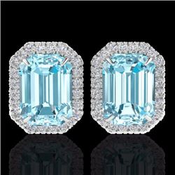 Genuine 12 CTW Sky Blue Topaz And Micro Pave Diamond Halo Earrings 18K Gold - 21219-REF#69X5A