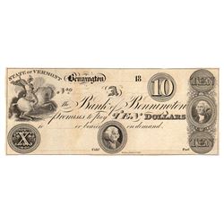 1800s $10 The Bank of Bennington Obsolete Note