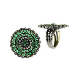 7.82 TCW EMERALD &DIAMOND FLOWER RING GOLD & SILVER