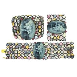 163.18 TCW CAMEO, MULTI COLOR SAPPHIRE & DIAMOND BRACELET14K White GOLD