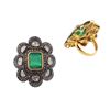 Image 1 : 6.73 TCW EMERALD & ROSE CUT DIAMOND FLOWER SHAPE RING 14K  GOLD & SILVER