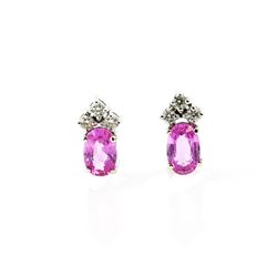 0.24ct Diamonds & 1.28ct Oval Pink Sapphire Set in 14k  White Gold Stud Earring 2.0g