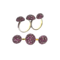 3.75 TCW PINK SAPPHIRE & DIAMOND TWO FINGER RING 18K  GOLD & SILVER