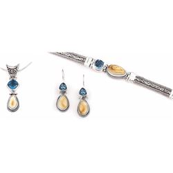 Sterling Silver Elk Ivory and Blue Topaz Bracelet, Pendant & Earrings from Studio Pandora