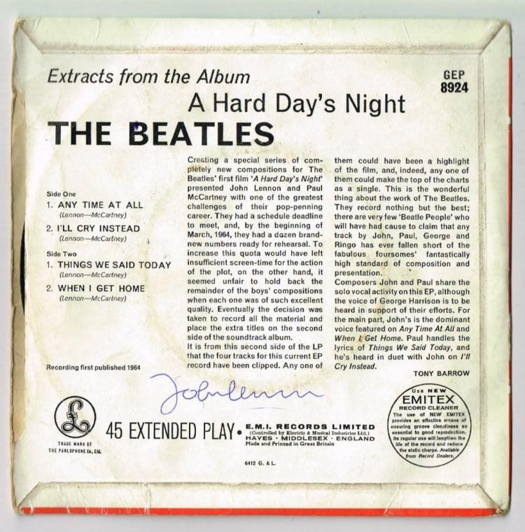 JOHN LENNON SIGNED 'A HARD DAY'S NIGHT' SINGLE.